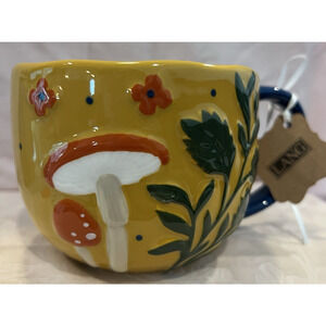 LANG NWT By Design Coffee Mug Mushrooms-Hand Painted Embossed 16 oz Cup - Large